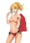  :d aori_sora ass_visible_through_thighs bangle bangs bikini blonde_hair blush bracelet braid breasts collarbone cowboy_shot fate/grand_order fate_(series) food hair_ornament hair_scrunchie head_tilt highres holding holding_food holding_jacket jacket jewelry looking_at_viewer medium_breasts mordred_(fate)_(all) mordred_(swimsuit_rider)_(fate) navel nipples open_mouth parted_bangs ponytail popsicle red_bikini_bottom red_jacket red_scrunchie scrunchie side-tie_bikini simple_background smile solo swimsuit topless white_background 