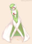  absurd_res blush breasts collarbone eifie female full_body gardevoir green_hair hair hi_res knees_together_feet_apart looking_down navel nintendo nipples not_furry nude omorashi open_mouth pok&eacute;mon red_eyes shaking short_hair simple_background solo standing sweat tan_background text trembling urine url video_games 