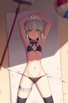  absurdres armpits artoria_pendragon_(all) artoria_pendragon_(swimsuit_rider_alter) ball bare_arms bare_shoulders beach beachball bikini black_bikini black_legwear blush boa_(brianoa) breasts choker closed_mouth commentary_request day eyebrows_visible_through_hair fate/grand_order fate_(series) frilled_bikini frilled_choker frills from_above highres leg_garter looking_at_viewer looking_up lying maid maid_headdress navel neck_garter neck_ribbon on_back outdoors ribbon sand shade shadow small_breasts solo sweat sweatdrop swimsuit thighhighs towel yellow_eyes 