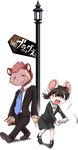  alpha_channel anthro blue_tie blush business_suit butt_slap clothing duo female footwear fur grin japanese_text male mammal mineeya_(tenshoku_safari) monkey mouse multicolored_fur nemi_(tenshoku_safari) official_art paper primate rodent shoes slap smile smug street_lamp street_sign suit tenshoku_safari text unknown_artist 