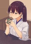  breasts brown_hair closed_mouth commentary_request corner cup drinking hair_between_eyes highres holding holding_cup indoors japanese_clothes kaga_(kantai_collection) kantai_collection large_breasts looking_at_viewer masukuza_j side_ponytail sitting solo upper_body wide_sleeves wooden_table wooden_wall yellow_eyes 