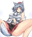  animal_ears bangs breasts detached_sleeves fang_out hat highres inubashiri_momiji large_breasts looking_at_viewer miniskirt navel ototobe panties pom_pom_(clothes) red_eyes short_hair simple_background skirt smile solo spread_legs tail tokin_hat touhou underwear white_background white_hair white_panties wolf_ears wolf_tail 