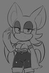  1girl animal_ears bare_shoulders bat_ears bat_wings breasts cleavage elbow_gloves furry gloves grey_background half-closed_eyes hand_up hearless_soul highres legs_apart looking_to_the_side medium_breasts monochrome no_humans rouge_the_bat short_jumpsuit simple_background smile solo sonic_the_hedgehog spot_color standing wings 