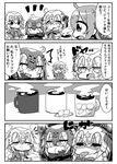  absurdres ahoge bell braid capelet coffee coffee_mug comic commentary_request cup drink fate/apocrypha fate/grand_order fate_(series) fleur_de_lis fujimaru_ritsuka_(female) fur_trim gauntlets greyscale hair_ornament hair_scrunchie headpiece highres jako_(jakoo21) jeanne_d'arc_(alter)_(fate) jeanne_d'arc_(fate) jeanne_d'arc_(fate)_(all) jeanne_d'arc_alter_santa_lily looking_at_viewer monochrome mug multiple_girls one_side_up plackart scrunchie side_ponytail single_braid sugar_cube tongue tongue_out translated 
