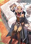  animal_ears arm_up boots brown_footwear commentary_request dark_skin fantasy forehead fountain fox_ears fox_girl hair_intakes knee_boots long_sleeves looking_at_viewer original outdoors parted_lips red_eyes robe sitting solo tareme white_hair yappen 