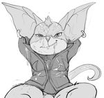  anthro barely_visible_genitalia big_ears bottomless chua clothed clothing cum cum_covered cum_on_clothing cum_on_face ear_piercing excessive_cum front_view hands_behind_head hi_res jacket jerseydevil looking_at_viewer male messy penis piercing reclining shirt simple_background sitting smile smirk solo spread_legs spreading subtle_penis white_background wildstar 