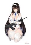  absurdres artist_name assault_rifle bare_shoulders between_breasts black_hair breasts brown_eyes bullpup cleavage closed_mouth detached_collar detached_sleeves fingerless_gloves full_body girls_frontline gloves gun hairband highres kneeling large_breasts leewh1515 long_hair looking_at_viewer panties qbz-95_(girls_frontline) rifle side-tie_panties simple_background smile solo thighhighs underwear very_long_hair weapon white_background white_gloves white_legwear white_panties 