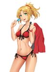  :d aori_sora ass_visible_through_thighs bangle bangs bikini blonde_hair blush bracelet braid breasts collarbone cowboy_shot fate/grand_order fate_(series) food hair_ornament hair_scrunchie halterneck head_tilt highres holding holding_food holding_jacket jacket jewelry looking_at_viewer medium_breasts mordred_(fate)_(all) mordred_(swimsuit_rider)_(fate) navel open_mouth parted_bangs ponytail popsicle red_bikini red_jacket red_scrunchie scrunchie side-tie_bikini simple_background smile solo swimsuit white_background 