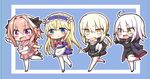  1other 2girls absurdres ahoge androgynous artoria_pendragon_(all) astolfo_(fate) black_bow blonde_hair blue_eyes blush bow braid chevalier_d'eon_(fate/grand_order) fang fate/apocrypha fate/grand_order fate/stay_night fate_(series) food french_braid fur_trim hair_ribbon hamburger highres jako_(jakoo21) jeanne_d'arc_(alter)_(fate) jeanne_d'arc_(fate)_(all) long_hair multicolored_hair multiple_girls open_mouth otoko_no_ko pink_hair purple_eyes red_sailor_collar red_skirt ribbon saber saber_alter sailor_collar school_uniform serafuku single_braid skirt smile streaked_hair wicked_dragon_witch_ver._shinjuku_1999 yellow_eyes 