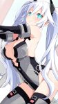  1girl bare_shoulders black_heart blush breasts cleavage elbow_gloves gloves green_eyes grey_thighhighs iwashi_dorobou_-r- kami_jigen_game_neptune_v leotard long_hair looking_at_viewer medium_breasts neptune_(series) power_symbol smile solo symbol-shaped_pupils thighhighs twintails very_long_hair white_hair 