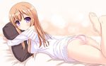  ass bangs bare_shoulders barefoot bed_sheet blush breasts brown_hair commentary_request eyebrows_visible_through_hair fingernails flat_ass frilled_panties frills from_side gochuumon_wa_usagi_desu_ka? hair_between_eyes hoto_mocha large_breasts legs_up long_hair looking_at_viewer looking_to_the_side lying no_pants off-shoulder_shirt on_bed on_stomach panties pillow pillow_hug pink_panties purple_eyes shirt smile solo sweater toenails underwear white_sweater xiaosamiao 