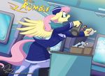 aircraft airline airplane anthro anthrofied beverage coffee flight_attendant fluttershy_(mlp) friendship_is_magic my_little_pony omny87 scarf 