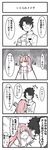  1girl 4koma black_hair cellphone closed_eyes comic commentary_request fate/grand_order fate_(series) fujimaru_ritsuka_(male) fur_coat highres holding holding_phone hug iphone long_hair long_sleeves medb_(fate)_(all) medb_(fate/grand_order) no_nose open_mouth partially_colored phone pink_hair sakeno_rarukan short_hair smartphone tears tiara translated upper_body white_background yellow_eyes 