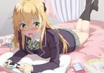  bangs bedroom blonde_hair blush book cellphone commentary_request controller curtains eyebrows_visible_through_hair game_controller gamers! gochou_(atemonai_heya) green_eyes grey_skirt hair_between_eyes holding indoors line_(naver) long_hair looking_at_phone lying miniskirt nose_blush on_bed on_stomach open_book open_mouth phone pillow pleated_skirt sidelocks skirt smartphone solo tendou_karen wavy_mouth 