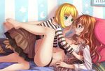  barefoot blonde_hair blue_eyes blush bra bra_strap breasts brown_hair cleavage green_eyes highres large_breasts leg_lock legs long_hair long_sleeves lying mu_ying_rong multiple_girls navel no_pants on_back open_clothes open_shirt original panties pillow shirt short_hair skirt striped striped_shirt suikakitsu_shiro thighs underwear very_long_hair xia_you_qing yuri 