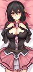  black_hair blush bow breasts cleavage cleavage_cutout dakimakura hair_between_eyes hair_bow hair_ornament kono_subarashii_sekai_ni_shukufuku_wo! large_breasts long_hair looking_at_viewer lying necktie on_back pillow red_eyes skirt solo tony_guisado yunyun_(konosuba) 