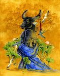  2007 anthro avian bird black_fur bovine chinese_zodiac feathered_wings feathers feral flower fur heather_bruton horn inner_ear_fluff male mammal muscular muscular_male plant robes solo swallow_(bird) tassels water_buffalo white_fur wings 