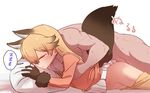  1girl animal_ears bangs blonde_hair blush boy_on_top clothed_female_nude_male eyebrows_visible_through_hair ezo_red_fox_(kemono_friends) fox_ears fox_tail from_behind gloves groin groping hetero kemono_friends long_hair long_sleeves lying muscle no_panties nude on_stomach orange_shirt pants_pull pillow pleated_skirt prone_bone sex shirt simple_background skirt sleep_molestation sleeping sumiyao_(amam) sweat tail thighhighs white_background zzz 