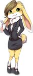  alpha_channel anthro brown_hair business_suit chest_fur clothing female footwear fur green_eyes hair hand_on_hip lagomorph looking_at_viewer mammal multicolored_fur official_art paper rabbit shoes skirt solo suit tenshoku_safari two_tone_fur unknown_artist usagine 