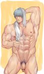  1boy abs bara body_hair flaccid foreskin male_focus nude penis ponkotsu_(artist) scar solo steam towel wet 