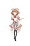  :d apron bangs beatrice_(princess_principal) black_footwear black_legwear blunt_bangs brown_eyes brown_hair double_bun full_body highres holding holding_tray looking_at_viewer maid maid_apron maid_headdress makaria medium_hair official_art open_mouth pantyhose pink_skirt princess_principal princess_principal_game_of_mission shoes skirt smile solo standing transparent_background tray 