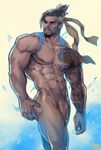  1boy abs facial_hair flaccid hanzo_(overwatch) looking_away male_focus muscle nude overwatch pecs penis redgart solo tattoo 