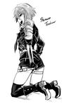  armor belt boots character_name from_behind greyscale highres japanese_armor knotberry looking_back military military_uniform monochrome necktie shinano_toushirou short_hair shorts signature smile thighhighs thighs touken_ranbu uniform 