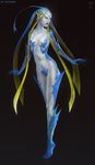  barefoot black_background blue_eyes blue_skin breasts final_fantasy final_fantasy_viii full_body highres looking_to_the_side medium_breasts navel pale_skin parted_lips pointy_ears sandra_duchiewicz shiva_(final_fantasy) solo stomach tentacle_hair tiptoes 
