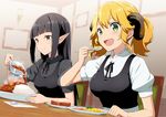  :d aletta bangs black_blouse black_hair blonde_hair blouse blunt_bangs breasts closed_mouth curry curry_rice dress dutch_angle eating food gochou_(atemonai_heya) gravy_boat green_eyes hand_up holding holding_spoon horns indoors isekai_shokudou kuro_(isekai_shokudou) living_room long_hair medium_breasts multiple_girls open_mouth pinafore_dress pointy_ears ponytail pouring puffy_short_sleeves puffy_sleeves rice short_sleeves sidelocks smile spoon straight_hair twintails wavy_hair white_blouse 