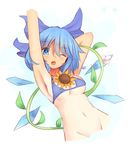  :d alternate_breast_size arm_up armpits bare_arms blue_bikini_top blue_bow blue_eyes blue_hair blue_wings blush bottomless bow breasts cirno cropped_torso dated eyebrows_visible_through_hair flower groin hair_between_eyes hair_bow highres ice ice_wings leaf looking_at_viewer medium_breasts navel one_eye_closed open_mouth plant short_hair simple_background smile solo stomach string_bikini sunflower swimsuit tan tanned_cirno touhou uchisukui underboob upper_body vines white_background wings 