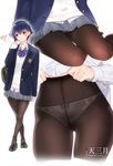  absurdres alternate_costume ama_mitsuki arm_at_side artist_name bad_proportions blazer blue_hair bow bow_panties bright_pupils brown_eyes brown_legwear close-up contemporary cropped_legs crossed_legs fine_fabric_emphasis gusset highres i-14_(kantai_collection) jacket kantai_collection loafers looking_away multiple_views no_pants panties panties_under_pantyhose pantyhose parted_lips scan school_uniform shoes short_hair simple_background single_sidelock sitting sleeves_past_wrists standing underwear white_background white_panties white_pupils yokozuwari 