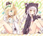  :3 ;o animal animal_ears animal_hood animal_on_head bangs bell bell_choker black_cat black_choker black_jacket blonde_hair blue_bra blue_panties blush bow bra cat cat_ears cat_girl cat_hood cat_on_head cat_tail choker cinderella_bust commentary_request diagonal-striped_background diagonal_stripes eyebrows_visible_through_hair fang feet_out_of_frame frilled_bra frilled_panties frills green_bow green_eyes grey_bow hair_bow hair_ornament hairclip halter_top halterneck hand_to_own_mouth head_tilt heart highres hood hood_down hood_up hooded_jacket hoshi_(snacherubi) interlocked_fingers intertwined_tails jacket jingle_bell long_sleeves loose_socks low_twintails multiple_girls no_pants off_shoulder on_head one_eye_closed open_clothes open_jacket open_mouth original panties parted_lips purple_bow purple_bra purple_panties side-tie_panties sidelocks silver_hair sitting sleeves_past_wrists socks striped striped_background striped_legwear tail tsurime twintails underwear white_bow white_cat white_choker white_jacket yellow_eyes 