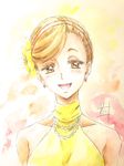  :d akagi_mako ballroom_e_youkoso blush brown_eyes brown_hair earrings flower hair_flower hair_ornament hair_up highres jewelry looking_at_viewer nii_manabu open_mouth smile traditional_media upper_body watercolor_pencil_(medium) 