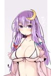 bangs bikini_top blue_bow blunt_bangs blush bow breasts crescent crescent_hair_ornament front-tie_bikini front-tie_top hair_bow hair_ornament highres large_breasts long_hair looking_at_viewer patchouli_knowledge purple_eyes purple_hair red_bow shirogane_(platinum) solo touhou upper_body very_long_hair white_bikini_top 