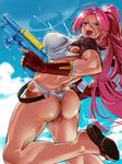  ass back bowalia breasts fate_(series) francis_drake_(fate) from_behind large_breasts long_hair looking_back muscle muscular_female pink_hair ponytail scar solo swimsuit thong water_gun wet 