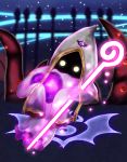  118x62z 1boy commentary_request dark_background darkness floating glowing glowing_eyes gold_trim heart hidden_face highres holding holding_heart holding_spear holding_weapon hood hyness insignia kirby:_star_allies kirby_(series) light light_particles magic nintendo no_humans polearm robe solo space spear star_(sky) very_long_sleeves weapon white_hood white_robe wide_sleeves yellow_eyes 