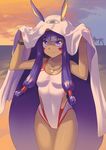  animal_ears bangs beach blunt_bangs dark_skin evening eyebrows_visible_through_hair facial_mark fate/grand_order fate_(series) hairband highres jackal_ears long_hair looking_at_viewer medjed nitocris_(fate/grand_order) nitocris_(swimsuit_assassin)_(fate) one-piece_swimsuit outdoors purple_eyes purple_hair smile solo swimsuit tsuyohina very_long_hair 
