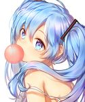  blue_eyes blue_hair chewing_gum gamathx hair_between_eyes hair_ornament hatsune_miku highres long_hair off_shoulder portrait shiny shiny_skin simple_background solo twintails vocaloid white_background 