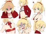  bikini_top blonde_hair bra breasts embarrassed fate/apocrypha fate/grand_order fate_(series) green_eyes hairband ica jewelry looking_at_viewer medium_hair midriff mordred_(fate)_(all) mordred_(swimsuit_rider)_(fate) multiple_views necklace red_shirt shirt small_breasts smile surprised underboob underwear white_background 