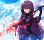  bodysuit breasts breasts_apart covered_navel cowboy_shot fate/grand_order fate_(series) hair_between_eyes holding holding_weapon long_hair medium_breasts open_mouth polearm purple_hair red_eyes scathach_(fate)_(all) scathach_(fate/grand_order) solo spear standing very_long_hair weapon yone 