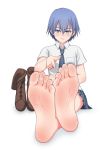  1girl akuma_no_riddle azuma_tokaku barefoot blue_eyes blue_hair boots feet female looking_at_viewer lululewd necktie pov_feet short_hair simple_background sitting skirt soles solo toes white_background 