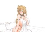  1girl areola_slip areolae bare_shoulders bed blonde_hair blush breasts covering covering_breasts female green_eyes highres huge_breasts long_hair no_panties nossari partially_colored simple_background sketch solo white_background 