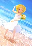  adjusting_clothes adjusting_hat arm_up bare_arms barefoot beach blonde_hair blue_sky braid closed_mouth collarbone crown_braid day dress dutch_angle eyebrows flower full_body hair_rings hand_on_headwear hat highres holding holding_flower long_hair looking_at_viewer love_live! love_live!_sunshine!! mocha_(snowflake) ocean ohara_mari outdoors sand scenery shadow sky sleeveless sleeveless_dress smile solo standing straw_hat sundress sunflower tareme water waves white_dress wind wind_lift yellow_eyes 