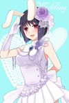  alternate_costume animal_ears arm_behind_back bangs bare_shoulders black_hair blue_background blush bob_cut bow breasts bunny_ears chiester556 dress english flower frills fysr gloves hair_flower hair_ornament heart looking_at_viewer medium_breasts open_mouth pleated_dress purple_flower purple_rose red_eyes rose salute short_hair sleeveless smile solo umineko_no_naku_koro_ni white_gloves 
