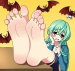  1girl barefoot bat fangs feet feet_on_table female green_hair jitsu_wa_watashi_wa long_hair looking_at_viewer open_mouth pov_feet shiragami_youko simple_background soles solo table toes zuko_(artist) 