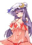  bangs bare_arms blunt_bangs blush breasts cleavage crescent crescent_hair_ornament hair_ornament hair_ribbon hat highres large_breasts lingerie long_hair looking_at_viewer mob_cap navel negligee patchouli_knowledge plump purple_eyes purple_hair red_ribbon ribbon see-through shirogane_(platinum) simple_background solo touhou underwear very_long_hair white_background 