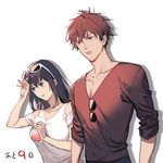  1girl 321wei ballroom_e_youkoso black_hair blue_eyes brown_eyes brown_hair collarbone countdown drink drinking_straw eyewear_on_head hanaoka_shizuku hand_up hyoudou_kiyoharu shirt standing sunglasses white_shirt 