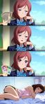  10s 1girl bed blush breasts card_(medium) cleavage cloud comic funny half-closed_eyes humor looking_at_viewer love_live! love_live!_school_idol_festival love_live!_school_idol_project lying money nishikino_maki no_bra on_bed on_side open_mouth parted_lips pillow purple_eyes red_hair school_uniform short_hair shorts sky solo_focus subtitled tank_top window yazawa_nico 