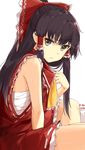  :/ ascot bare_arms black_hair bow brown_eyes cocked_eyebrow hair_bow hair_tubes hakurei_reimu highres long_hair looking_at_viewer miruto_netsuki no_detached_sleeves ponytail pulled_by_self raised_eyebrow red_bow red_skirt ribbon-trimmed_skirt ribbon_trim sarashi sidelocks sitting skirt skirt_set sleeveless solo sweat touhou v-shaped_eyebrows vest white_background 