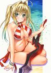  aestus_estus ahoge beach bead_bracelet beads bikini blonde_hair blush bracelet breasts closed_mouth criss-cross_halter earrings fate/grand_order fate_(series) green_eyes halterneck jewelry large_breasts long_hair looking_at_viewer marker_(medium) navel nero_claudius_(fate)_(all) nero_claudius_(swimsuit_caster)_(fate) sand side-tie_bikini sitting smile solo striped striped_bikini swimsuit sword traditional_media twintails water weapon yuto_takumi 